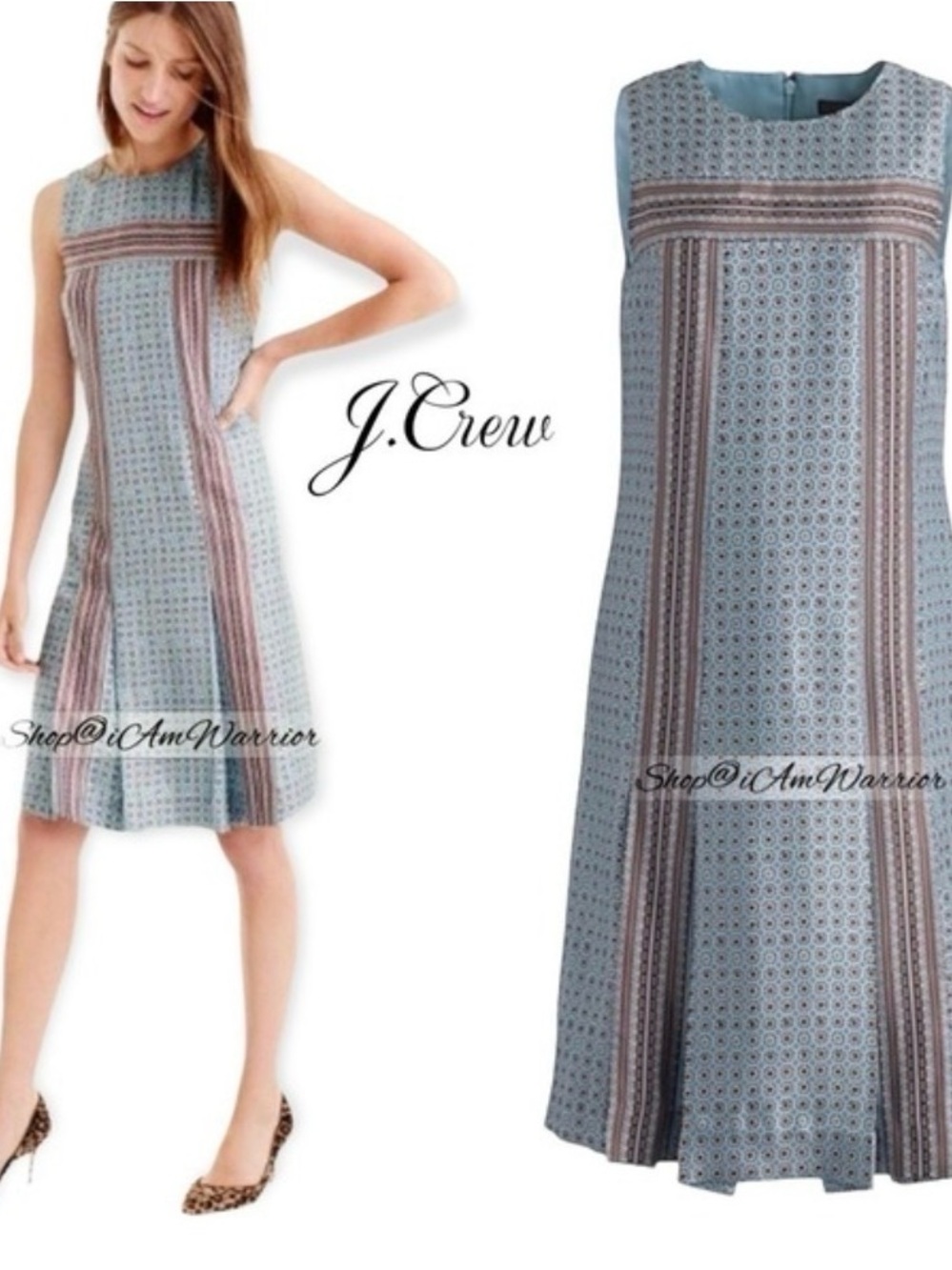 J. Crew Sleeveless Midi Dress in Blue with Taupe Stripes